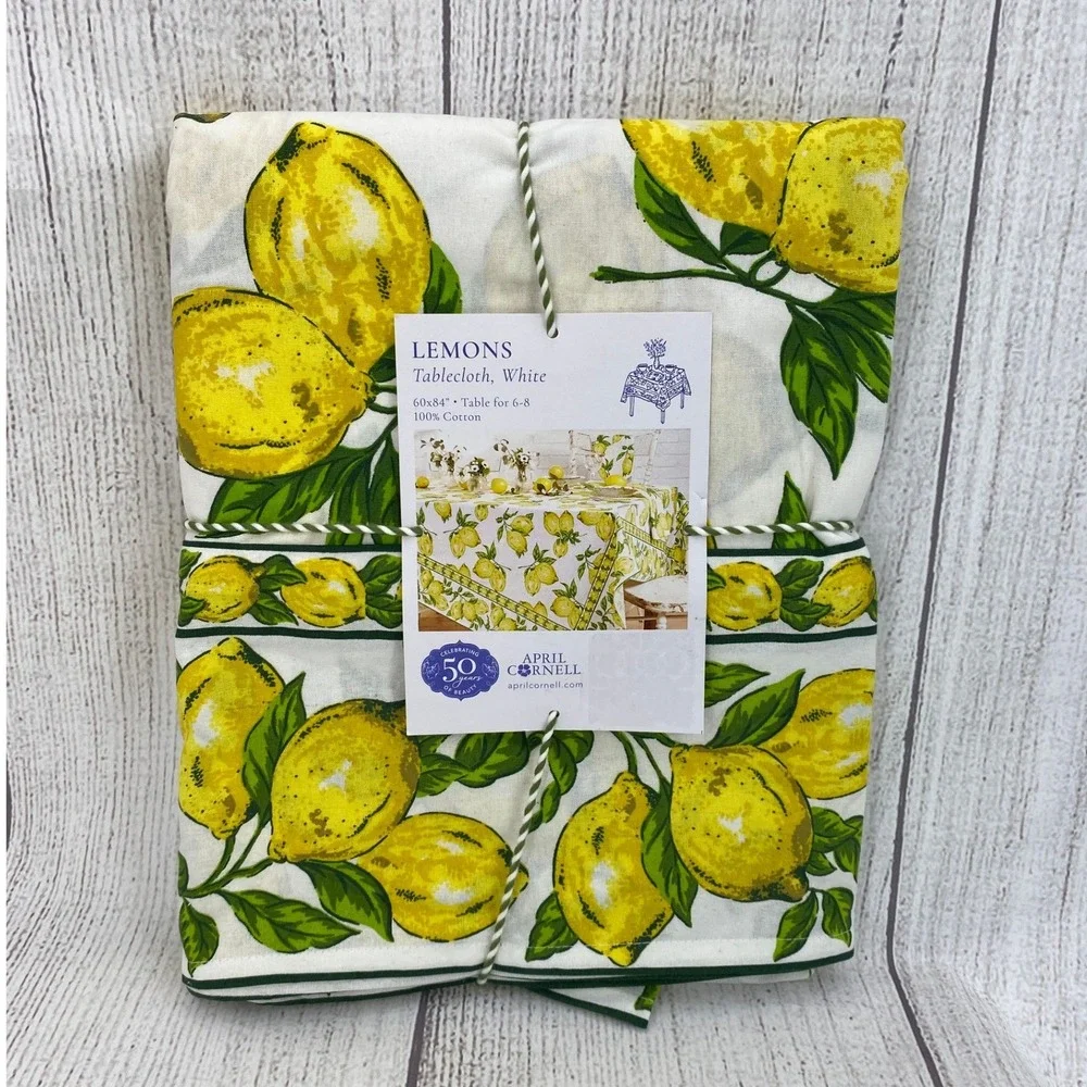 April Cornell Tablecloth 60x84 White Yellow Lemons Cotton Fruit Picnic Summer